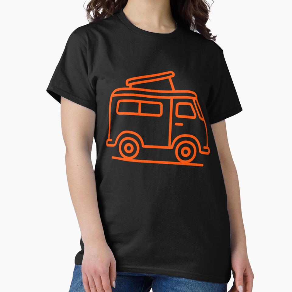 Neon Orange Van Life — Retro Pop-Top Camper Line Art by MisterHelmut