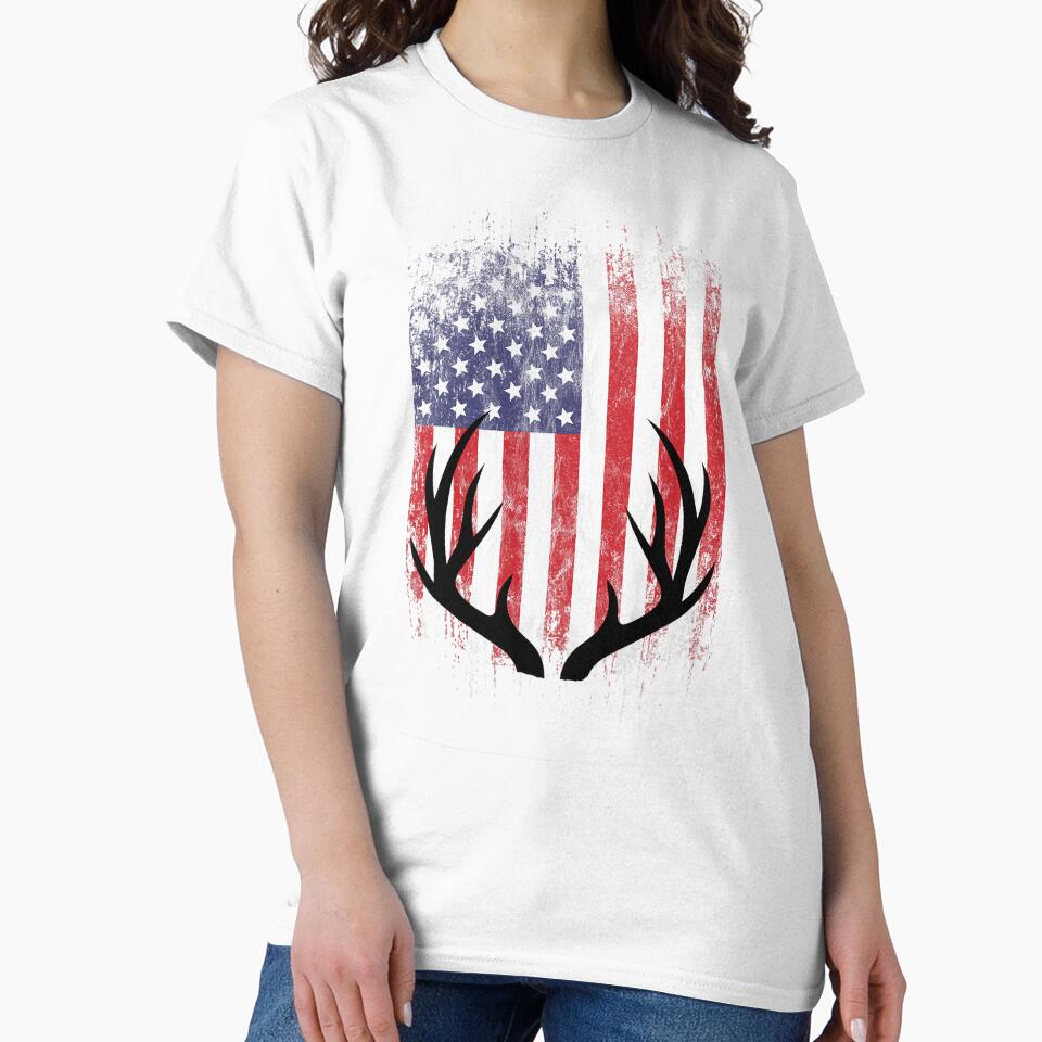 Deer Hunting American Flag Whitetail Buck Antlers Short Sleeve by vqyngdlc91