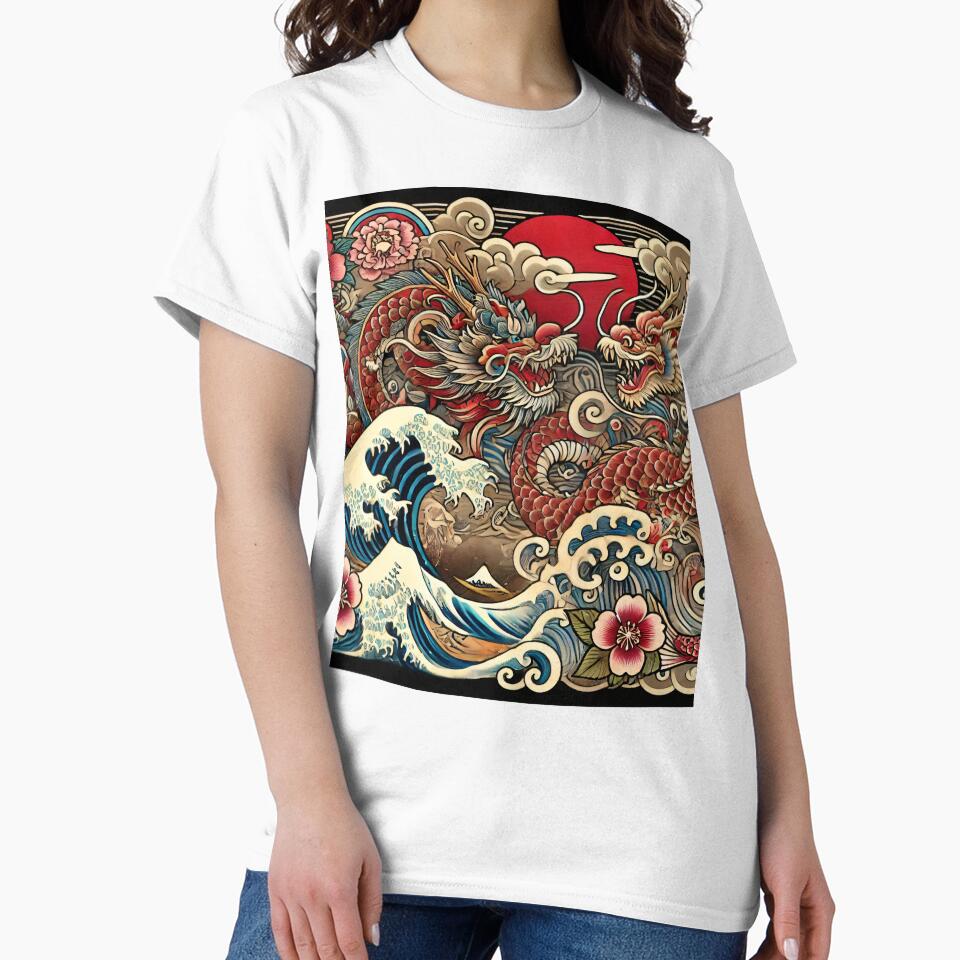 Traditional Japanese Irezumi Tattoo Design - Dragons & Waves by SakuraJapanArt