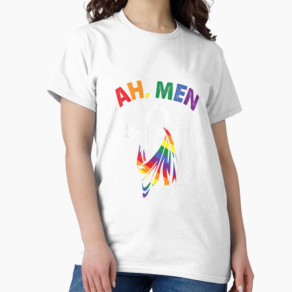 Ah Men Funny LGBT Gay Pride Jesus Rainbow Flag Christian Short Sleeve by LisaMCasares