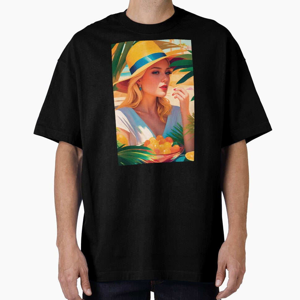 Beautiful Classy Woman In Hat On A Beach With Palm Trees Eating Hot Summer Fruits Stylish Painting by TriniTeeClub