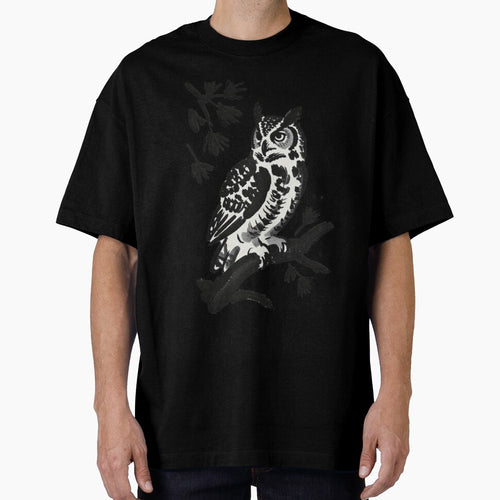 A black ink brush sumi-e painting of a great horned owl perched on weathered pine by 123ks