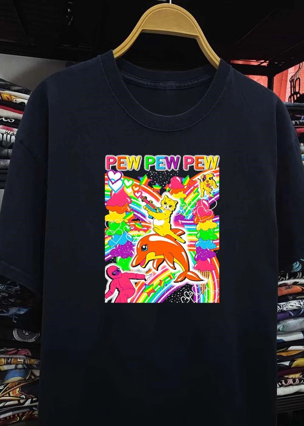 Pew Pew Pew Cute Cat Riding Orange Dolphin Rainbow shirt