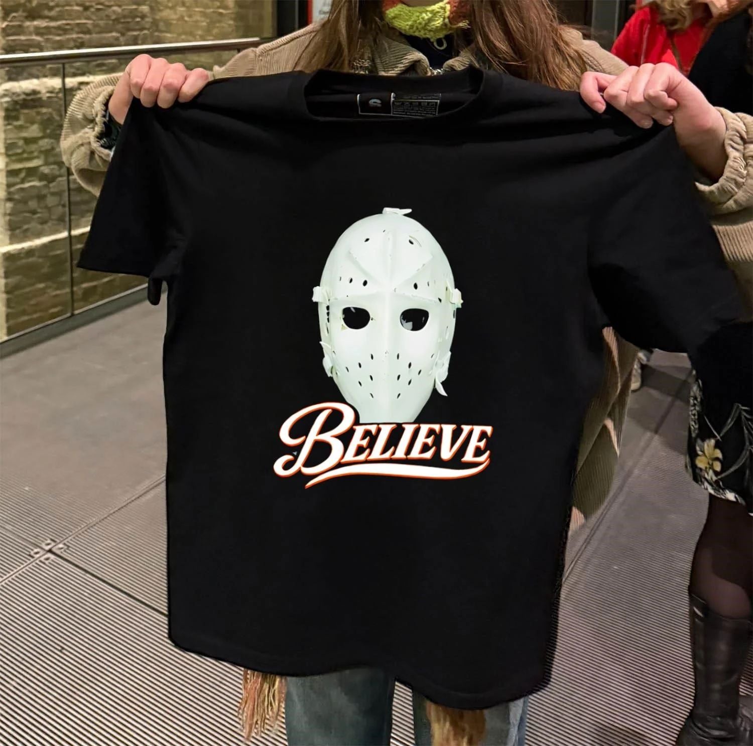 White Hockey Goal Keeper Mask Believe Sports shirt