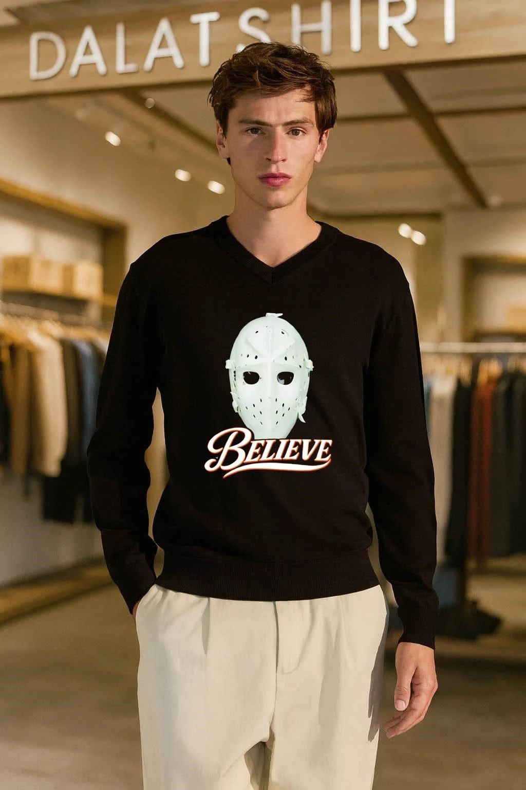 White Hockey Goal Keeper Mask Believe Sports shirt