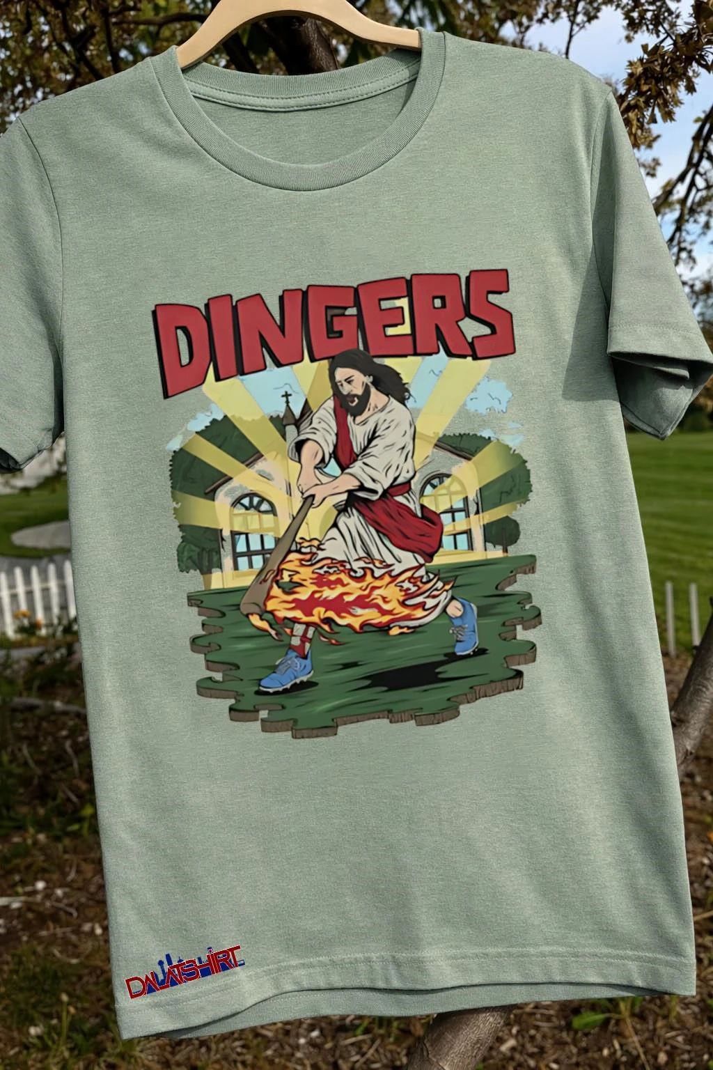 Dingers Jesus Hitting Baseball With Flaming Bat Church Background shirt