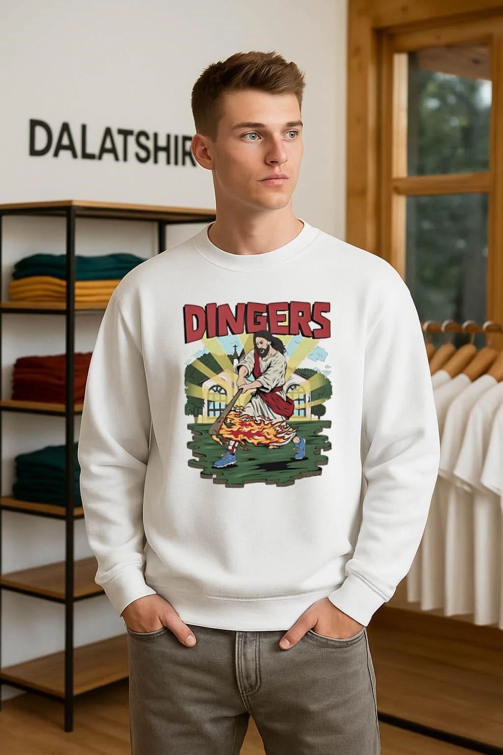Dingers Jesus Hitting Baseball With Flaming Bat Church Background shirt