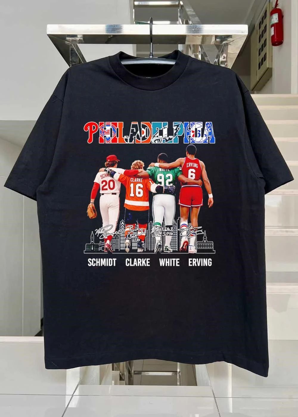 Philadelphia Team Logos Sports Legends Schmidt Clarke White Erving T-Shirt