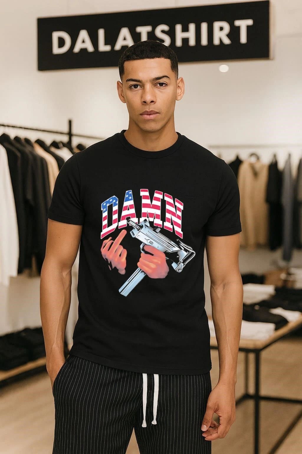 Damn American Flag Hand Holding Uzi Submachine Gun shirt