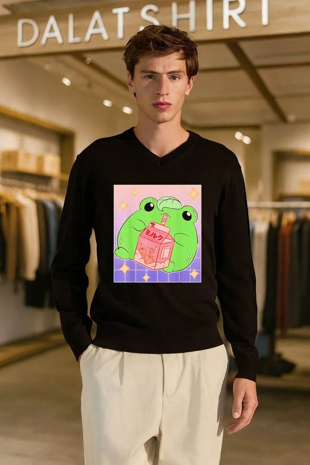 Frog Drinking Peach Milk Cartoon shirt
