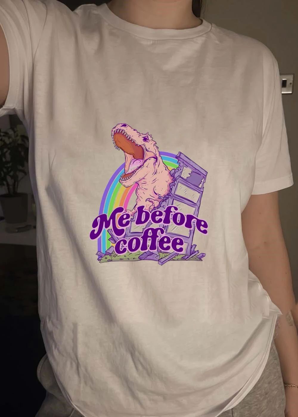 Me Before Coffee Roaring T-Rex T-Shirt