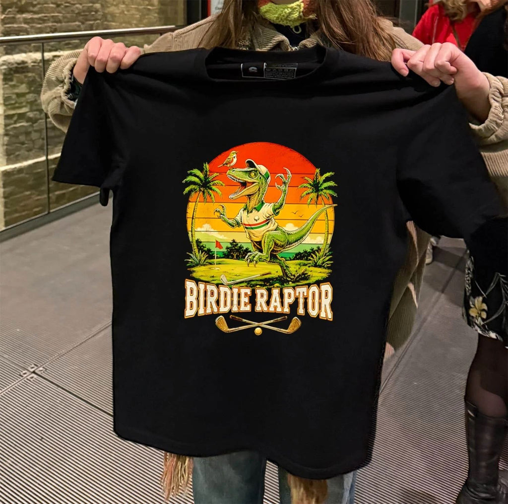 Birdie Raptor Dinosaur Playing Golf Vintage Sunset shirt