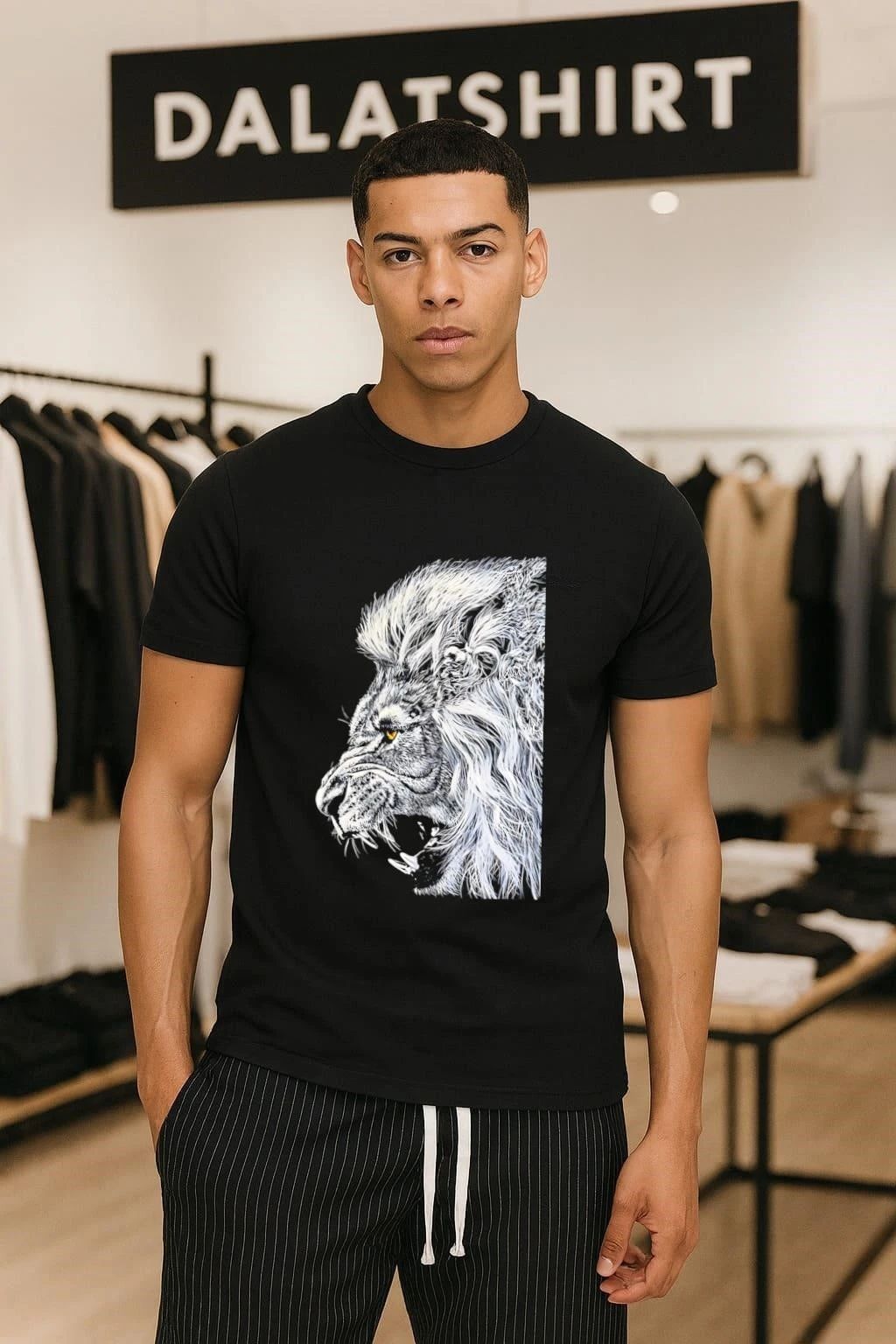 White Lion Head Roaring Black Background shirt
