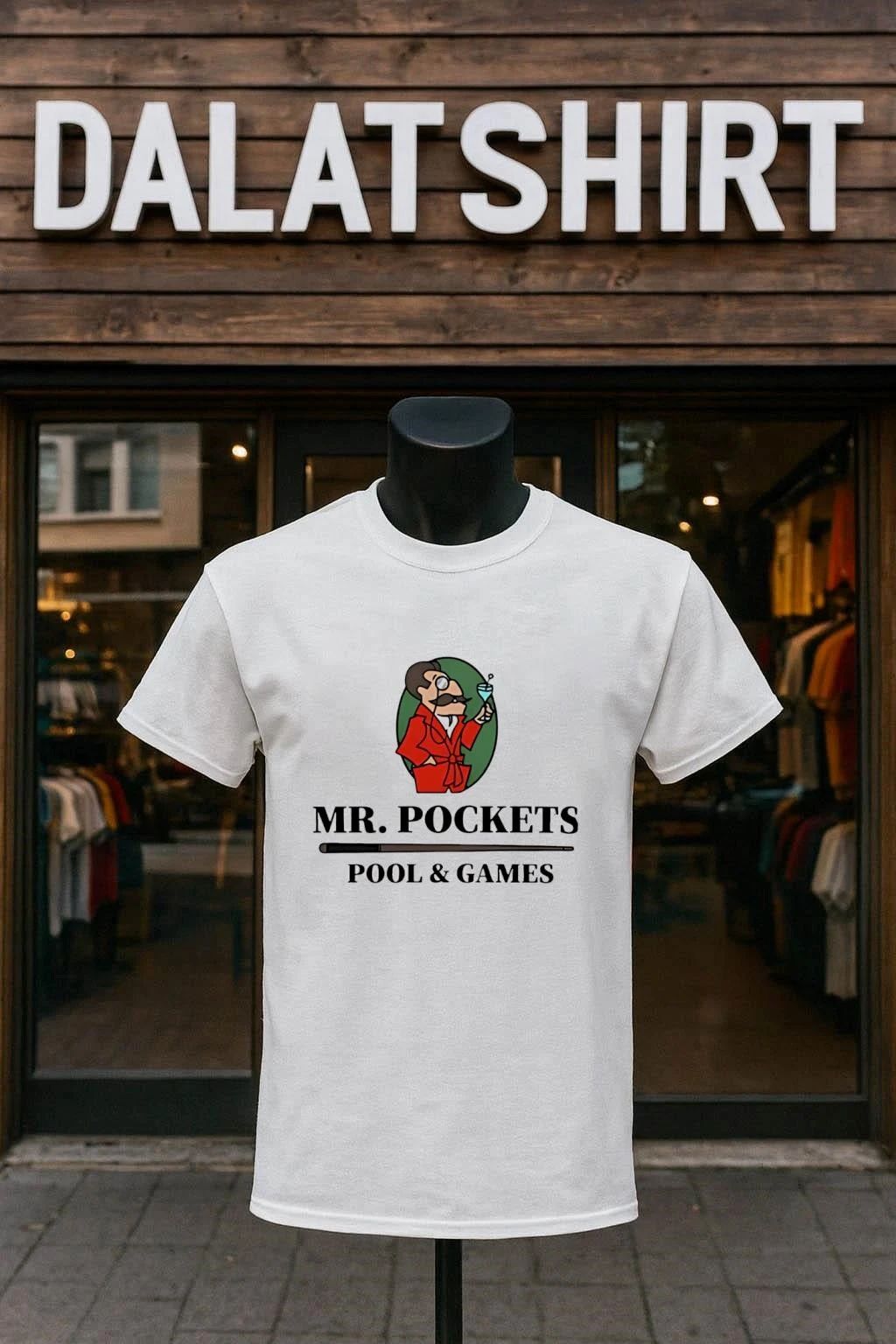 Mr. Pockets Pool And Games Monocle Mustache Man Billiard Cue shirt