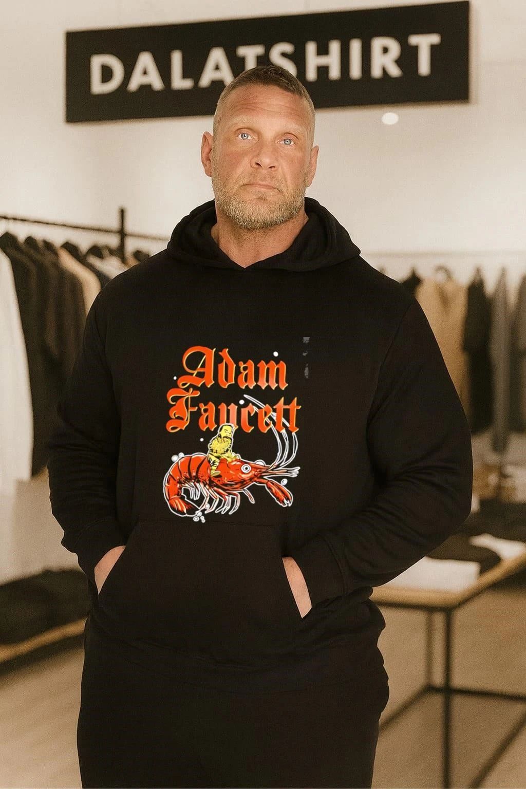 Adam Faucett Man Riding Giant Orange Shrimp shirt
