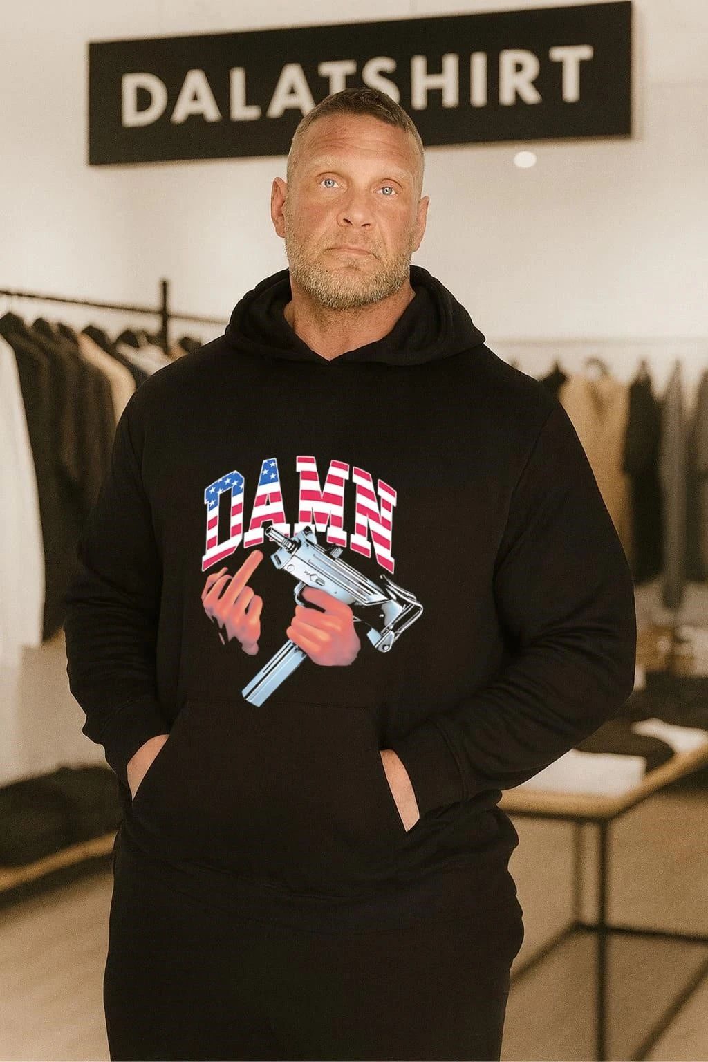 Damn American Flag Hand Holding Uzi Submachine Gun shirt