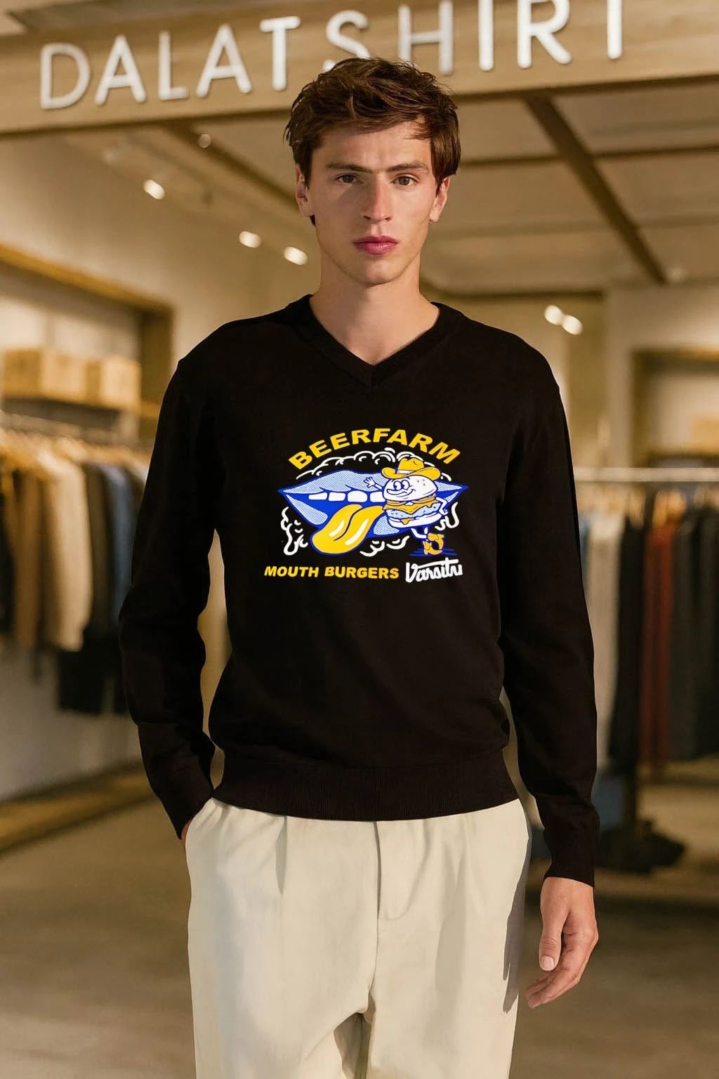 Beerfarm Mouth Burgers Varsity Mascot Cartoon shirt