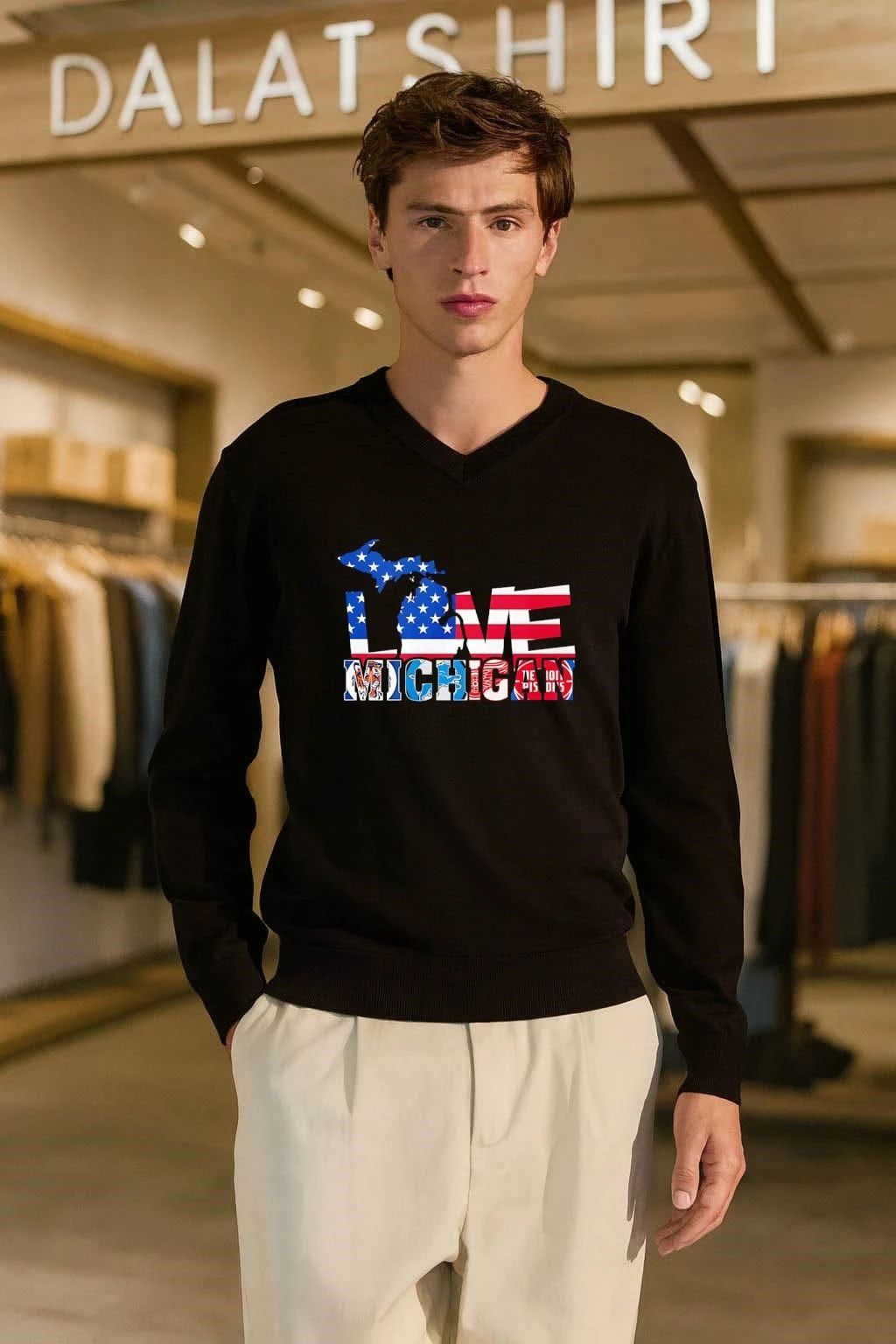 Love Michigan Map USA Flag Detroit Tigers Lions Red Wings Pistons shirt
