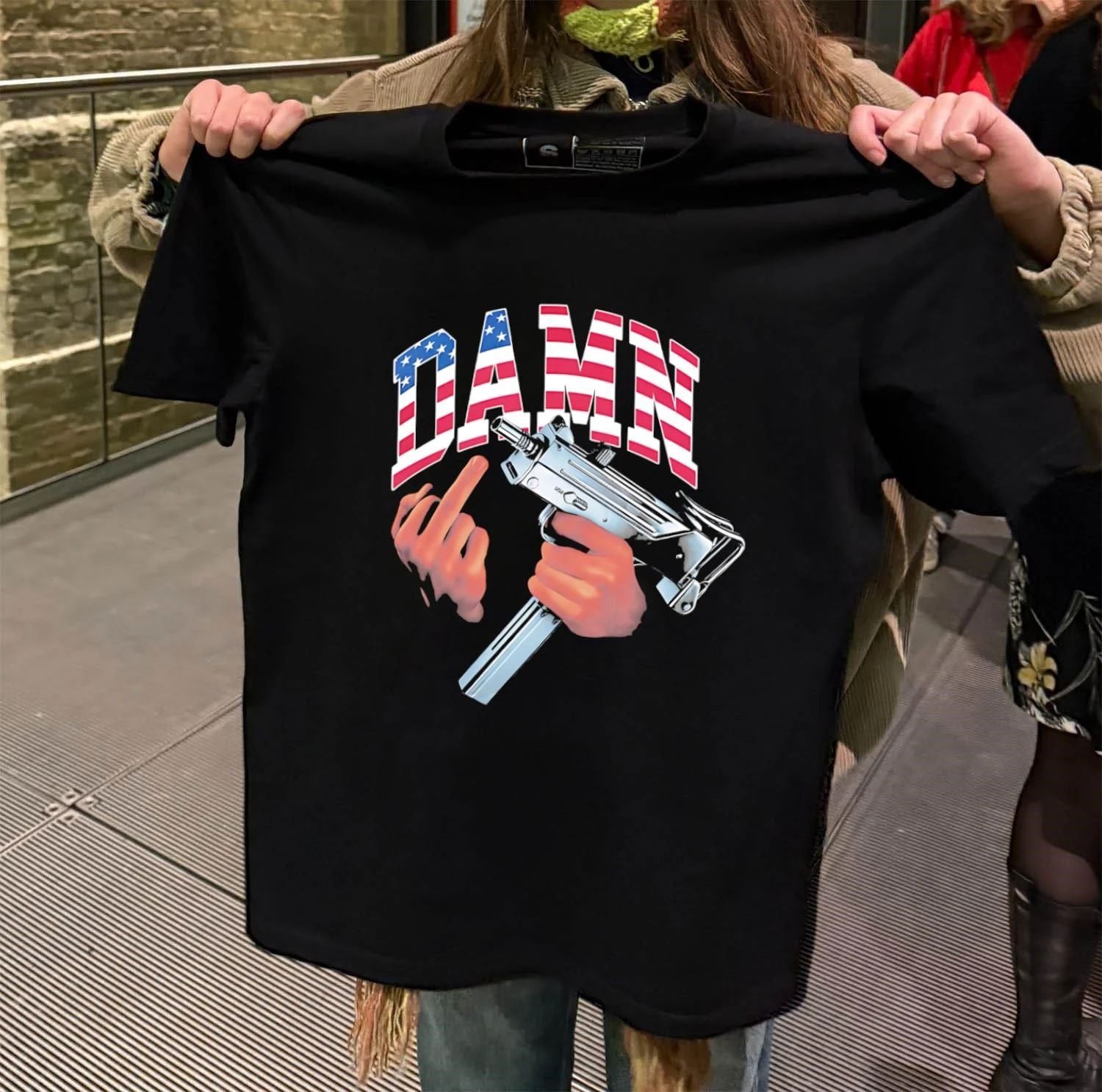 Damn American Flag Hand Holding Uzi Submachine Gun shirt