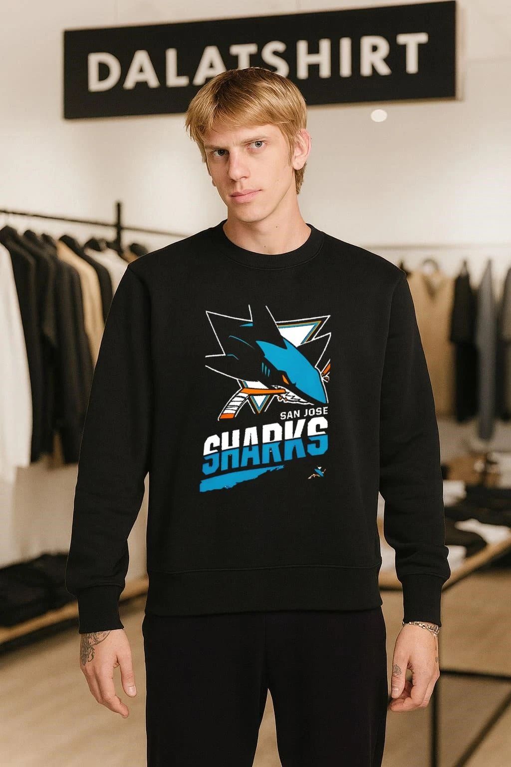 San Jose Sharks Teal Shark Biting Hockey Stick Graphic shirt