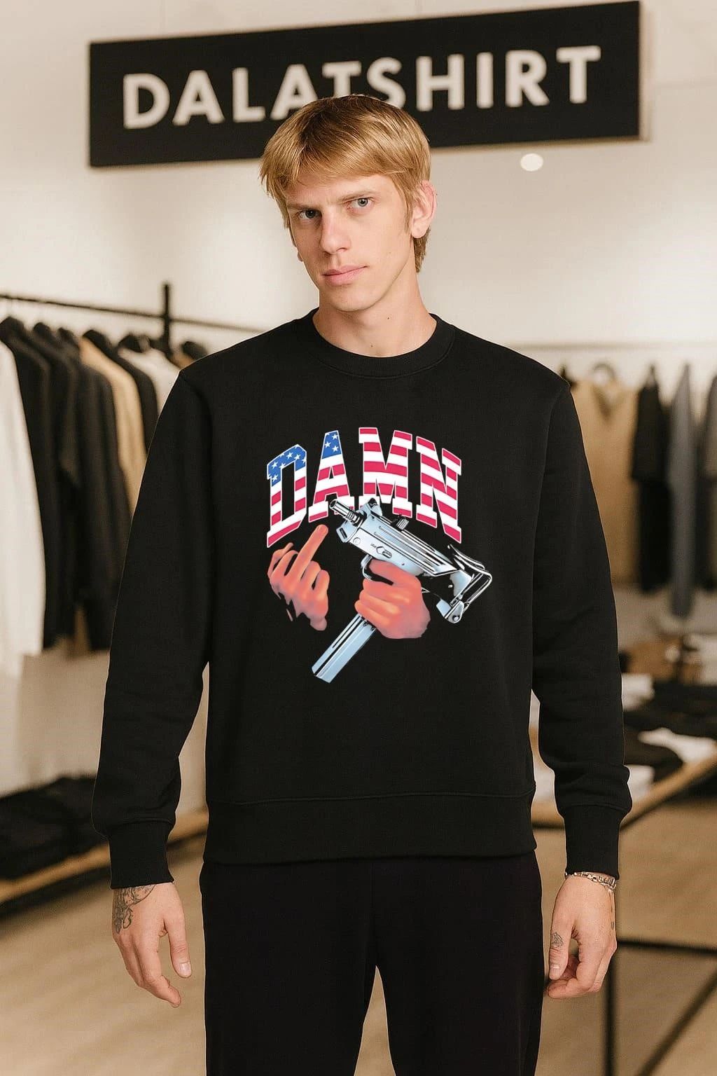 Damn American Flag Hand Holding Uzi Submachine Gun shirt