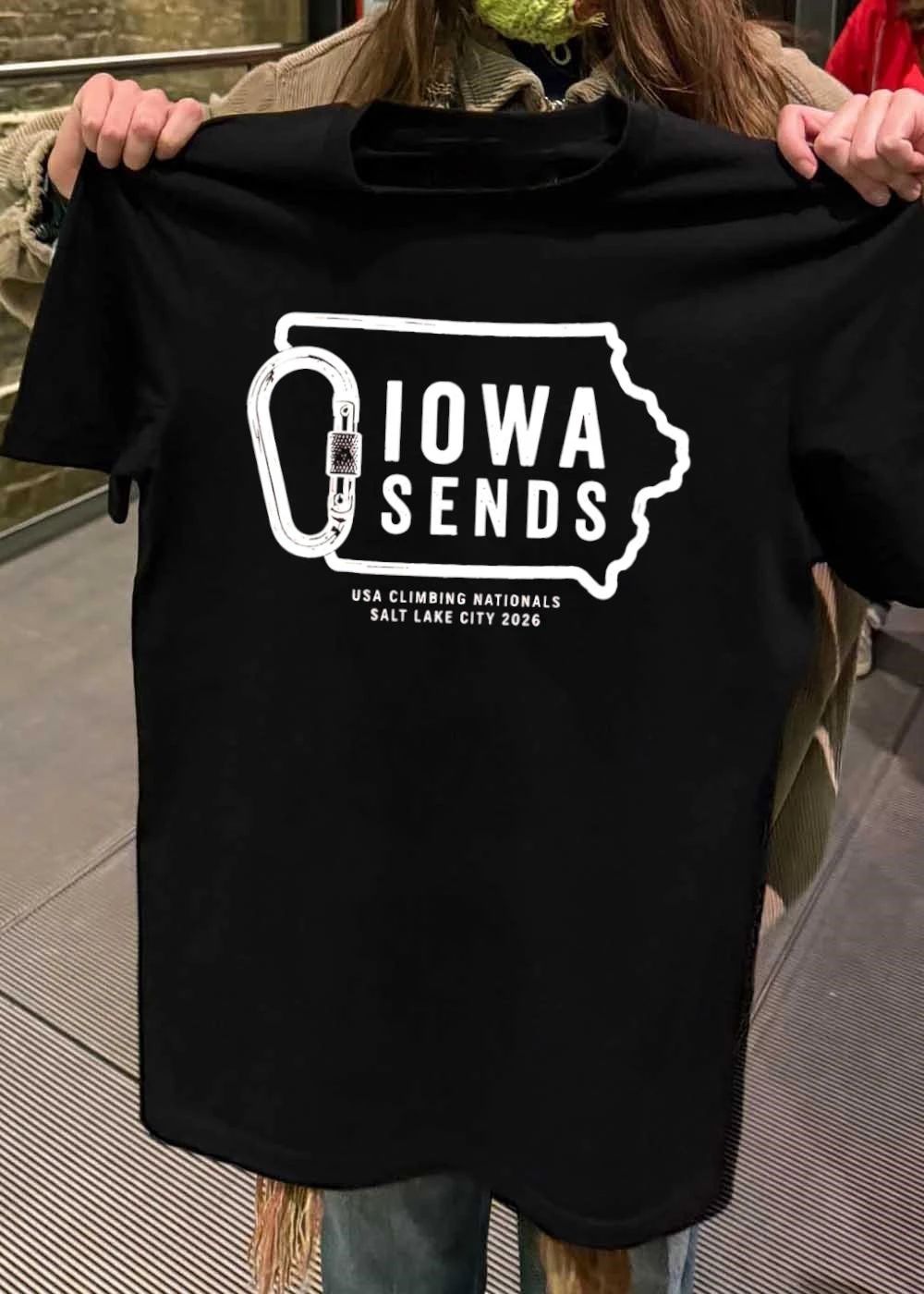Iowa Sends USA Climbing Nationals 2026 Carabiner Iowa State Outline T-Shirt