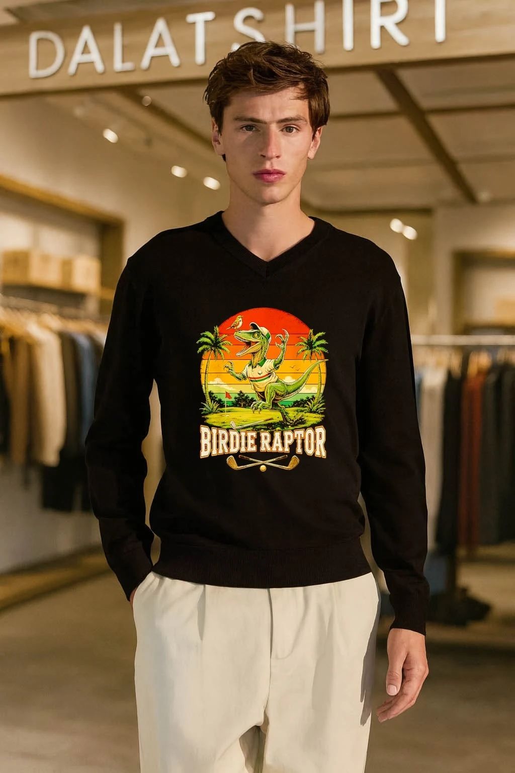 Birdie Raptor Dinosaur Playing Golf Vintage Sunset shirt