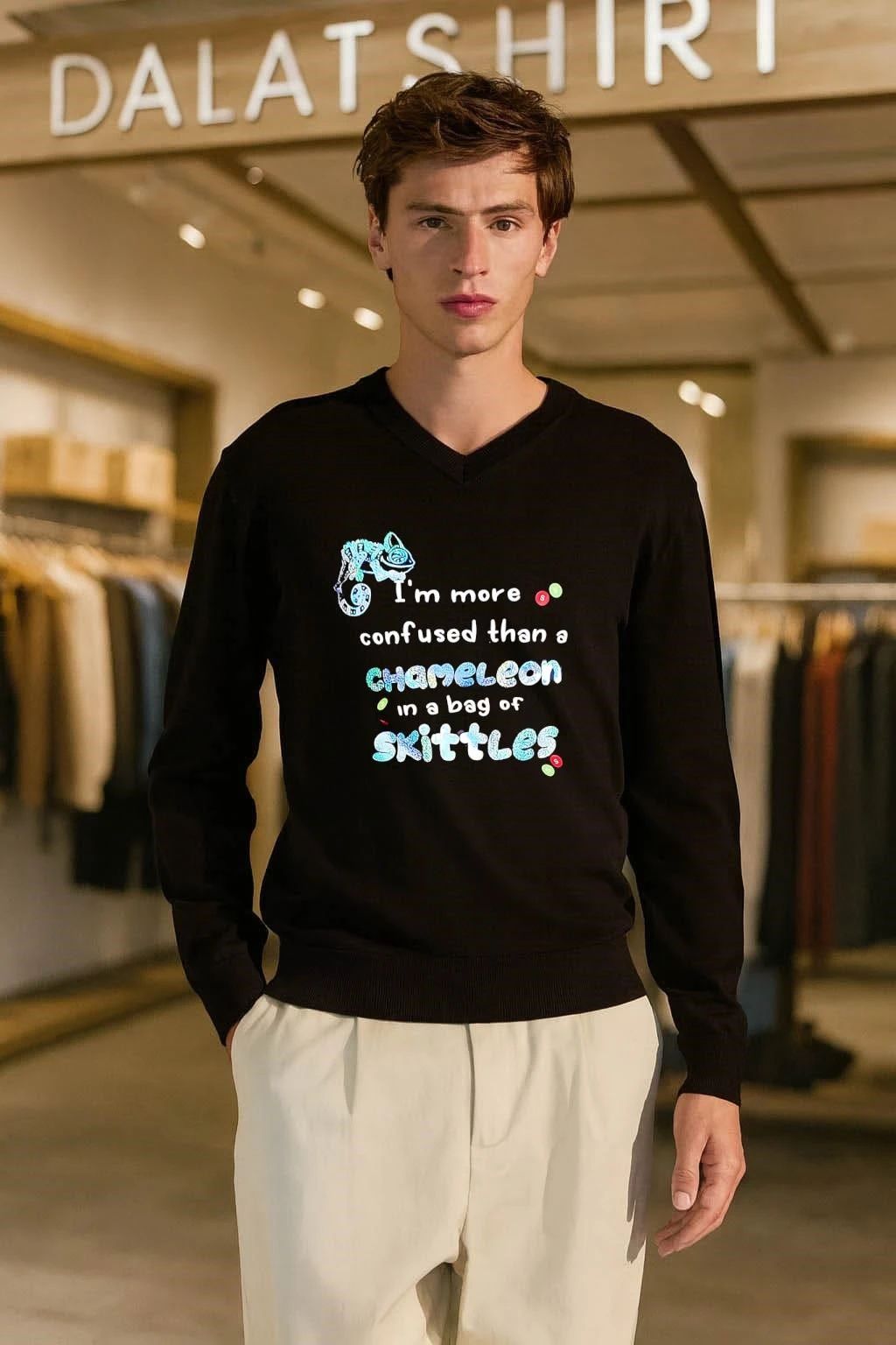 I’m more confused than a chameleon in a bag of Skittles shirt