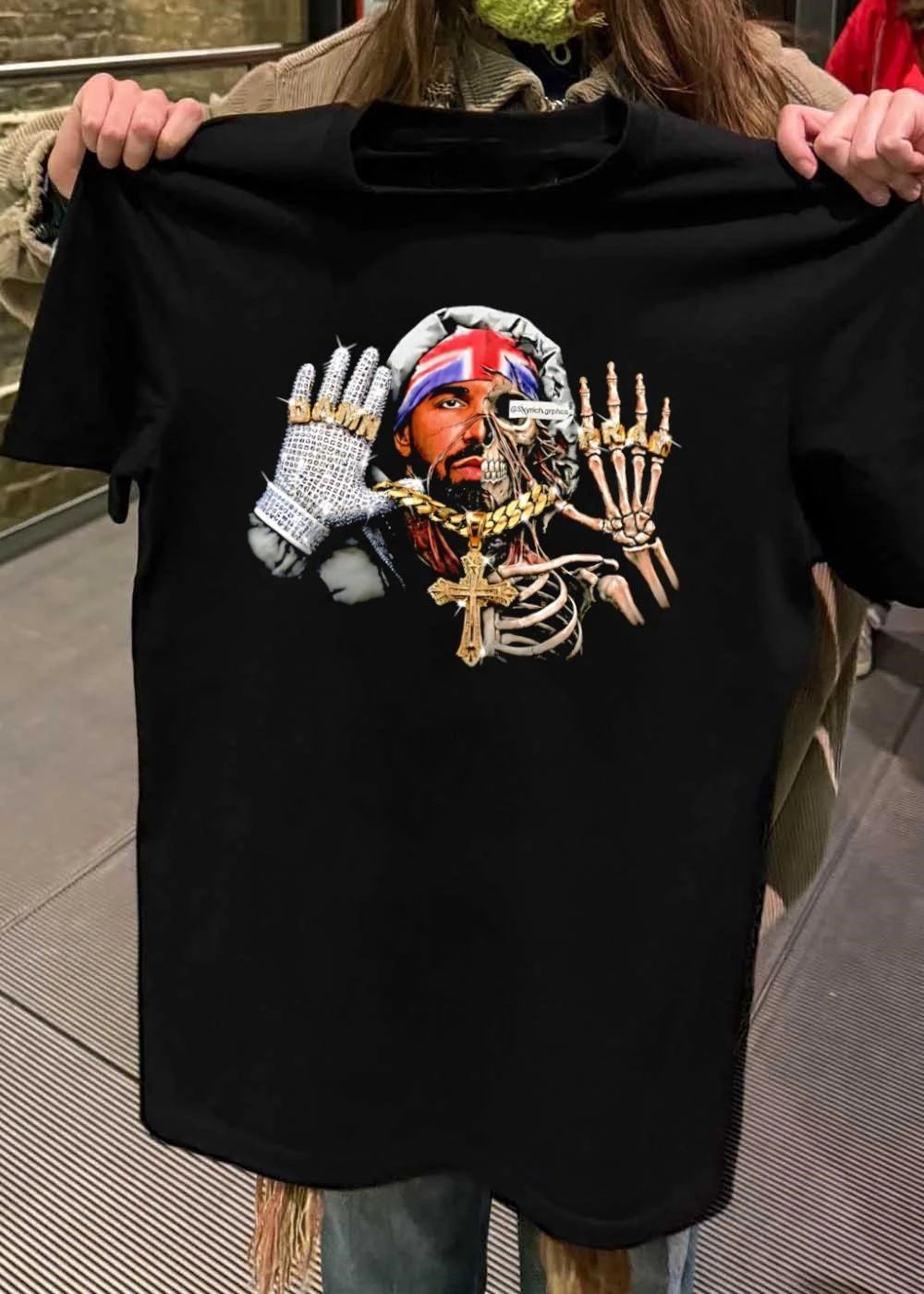 Damn Pray Drake Skeleton Half Face Diamond Glove Cross Necklace shirt