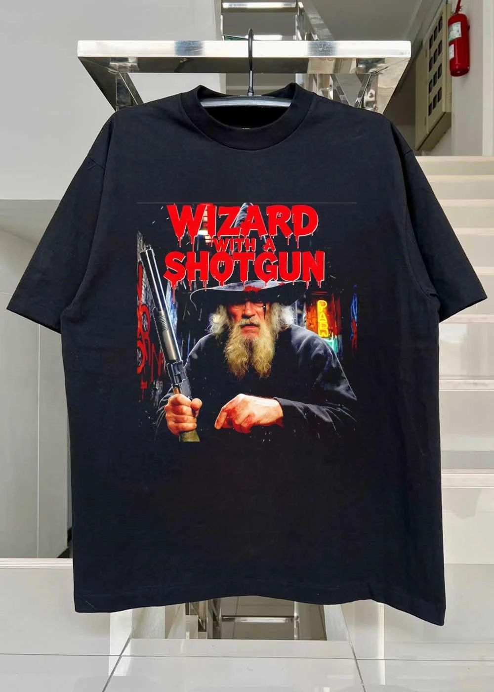 Wizard With A Shotgun Gritty Action Fantasy character shirt