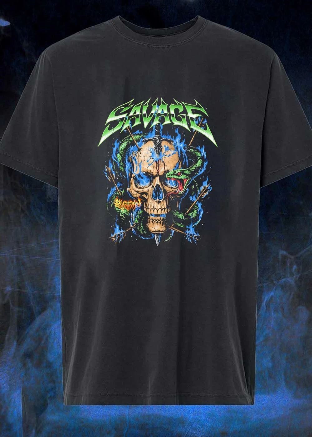 Savage Skull Snake Blue Flames Arrows T-Shirt