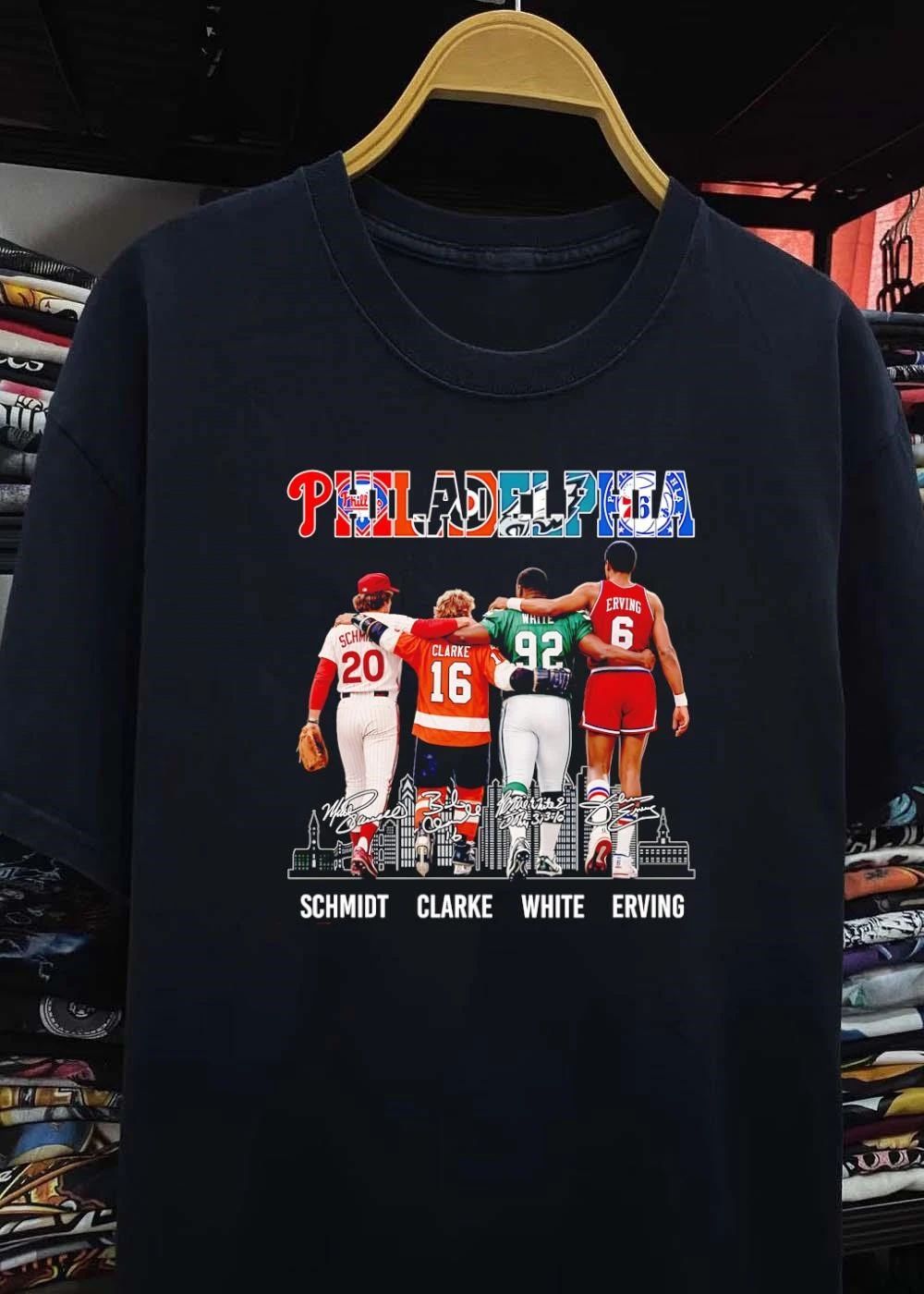 Philadelphia Team Logos Sports Legends Schmidt Clarke White Erving T-Shirt