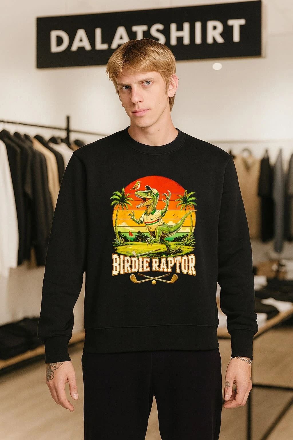 Birdie Raptor Dinosaur Playing Golf Vintage Sunset shirt