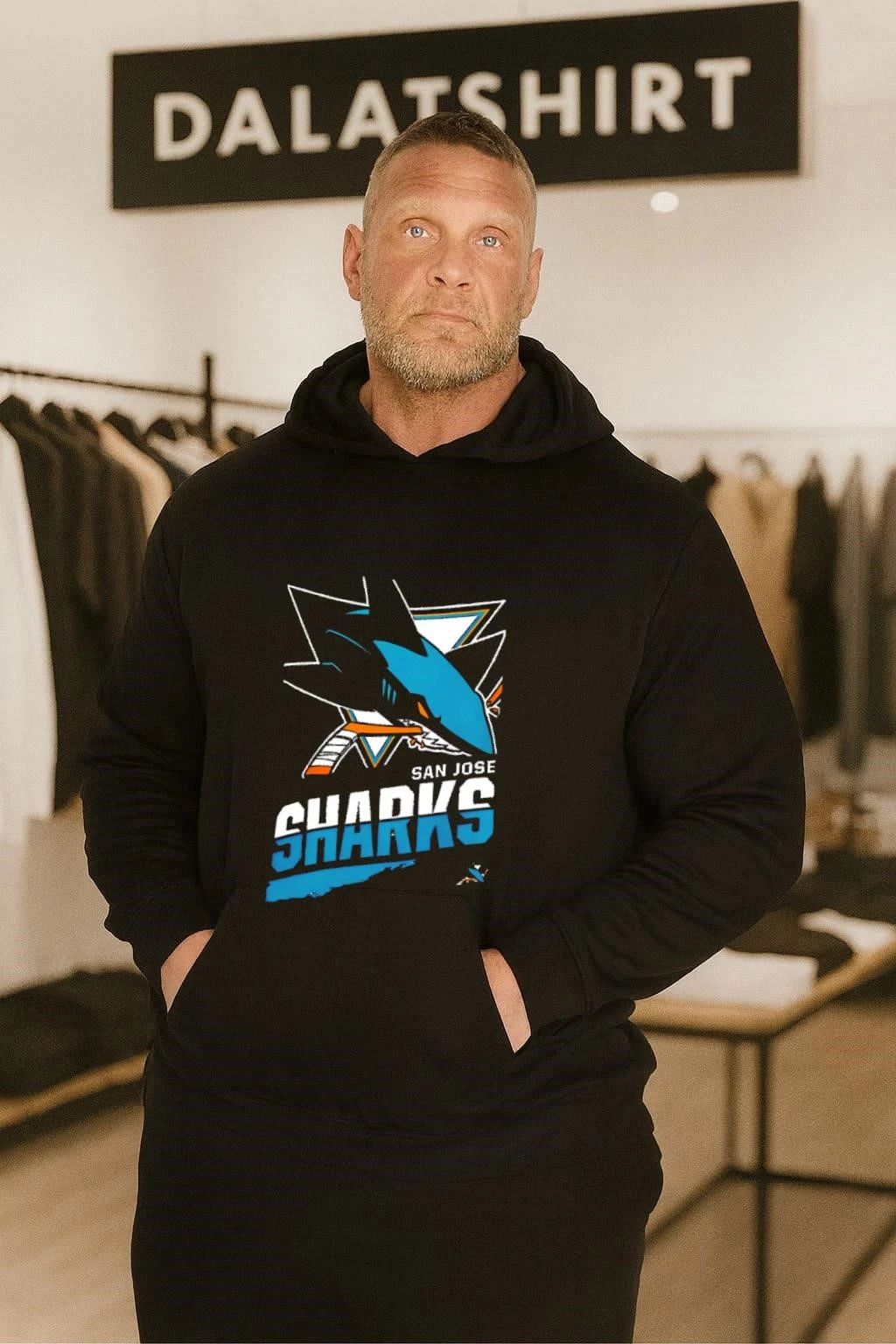 San Jose Sharks Teal Shark Biting Hockey Stick Graphic shirt