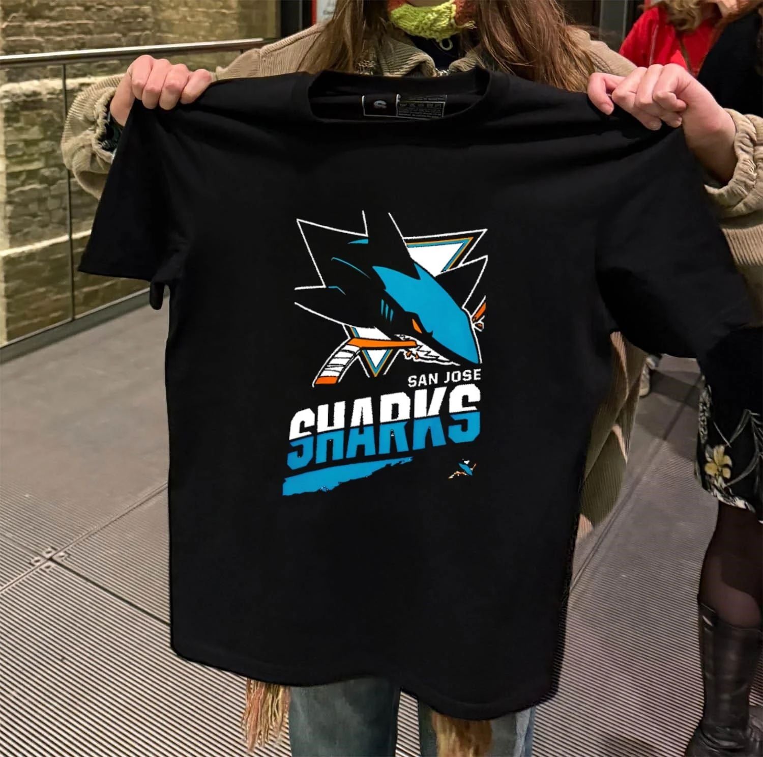 San Jose Sharks Teal Shark Biting Hockey Stick Graphic shirt