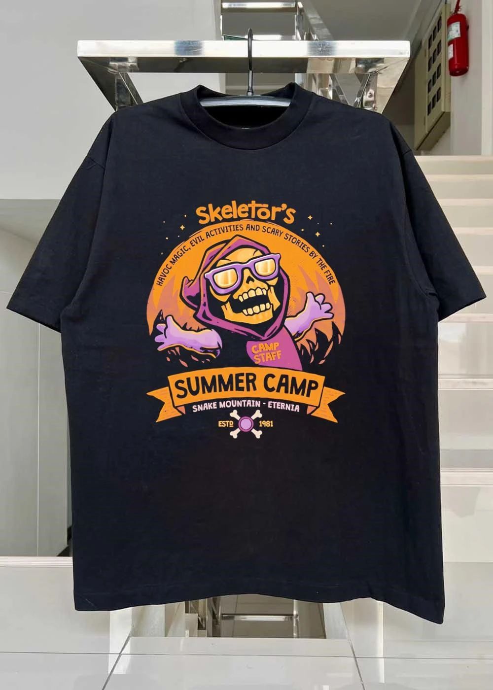 Skeletor’s Summer Camp Havoc Magic Evil Activities And Scary Stories By The Fire Camp Staff Snake Mountain Eternia Estd 1981 T-Shirt