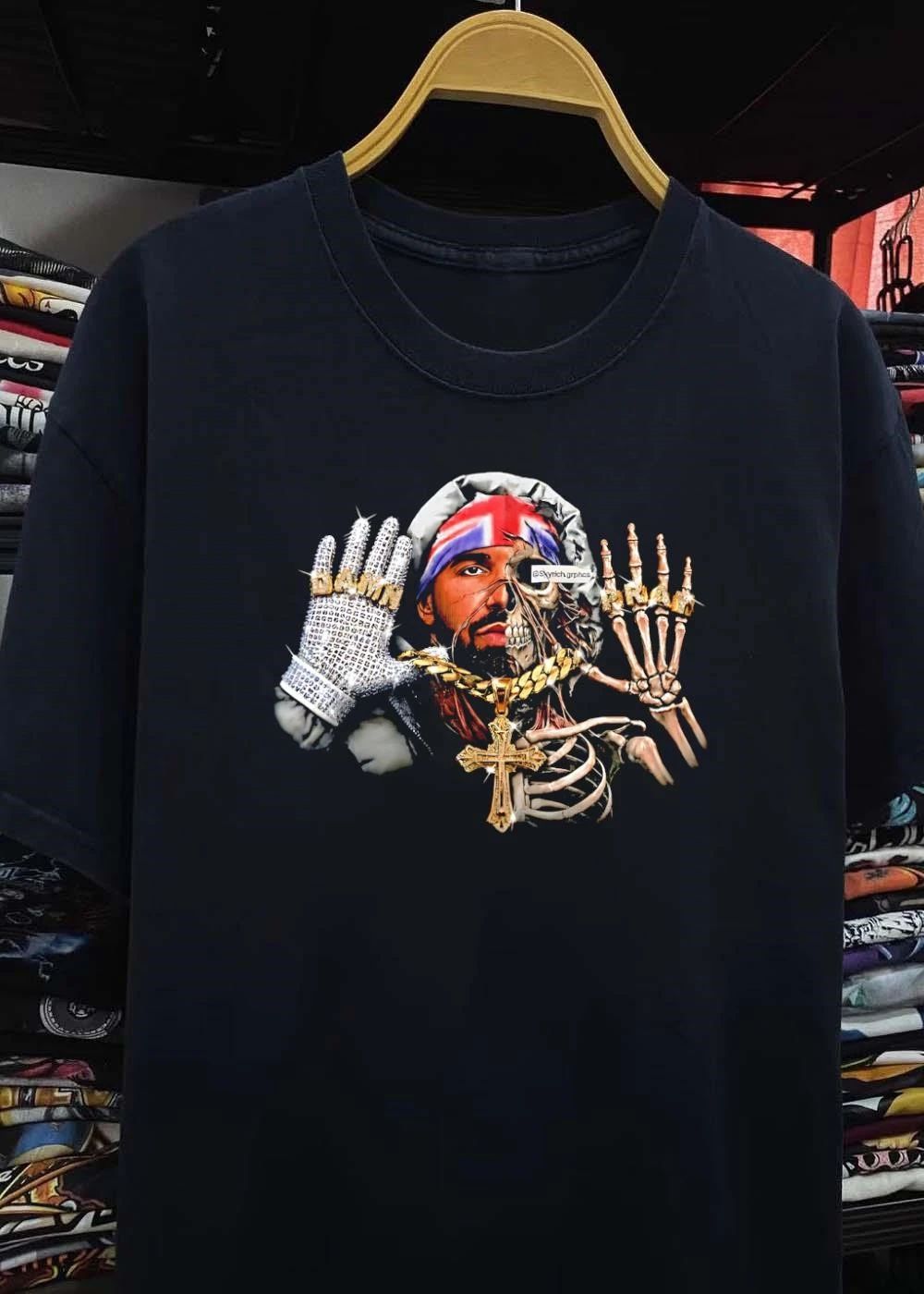 Damn Pray Drake Skeleton Half Face Diamond Glove Cross Necklace shirt