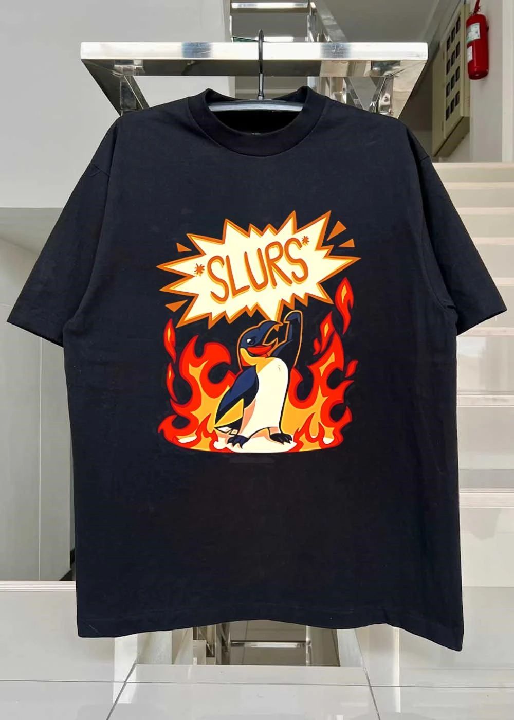 Slurs Angry Cartoon Penguin In Fire Comic Meme shirt