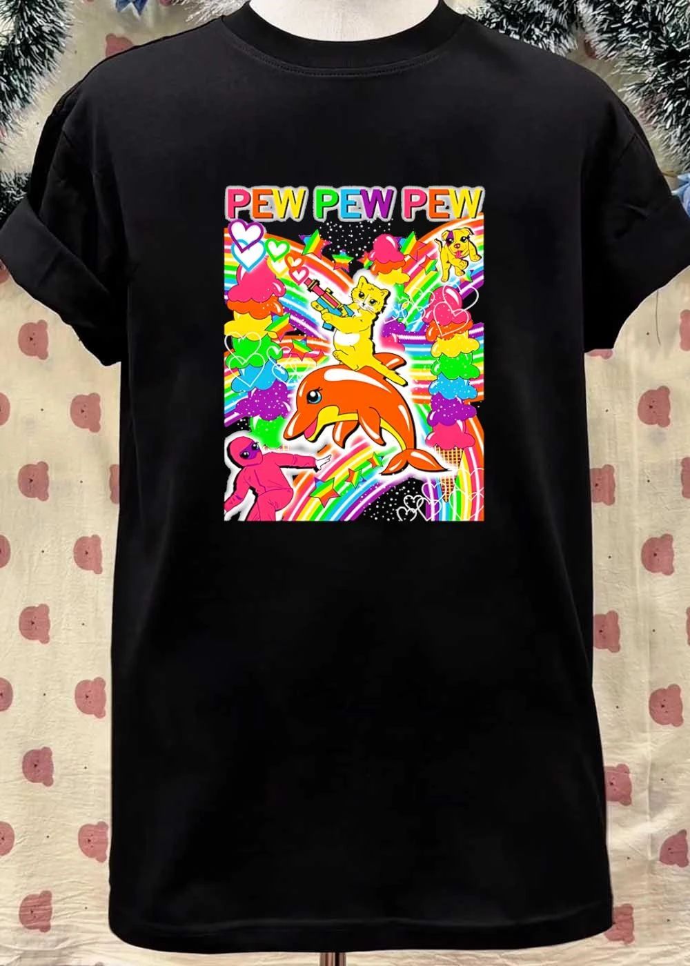 Pew Pew Pew Cute Cat Riding Orange Dolphin Rainbow shirt