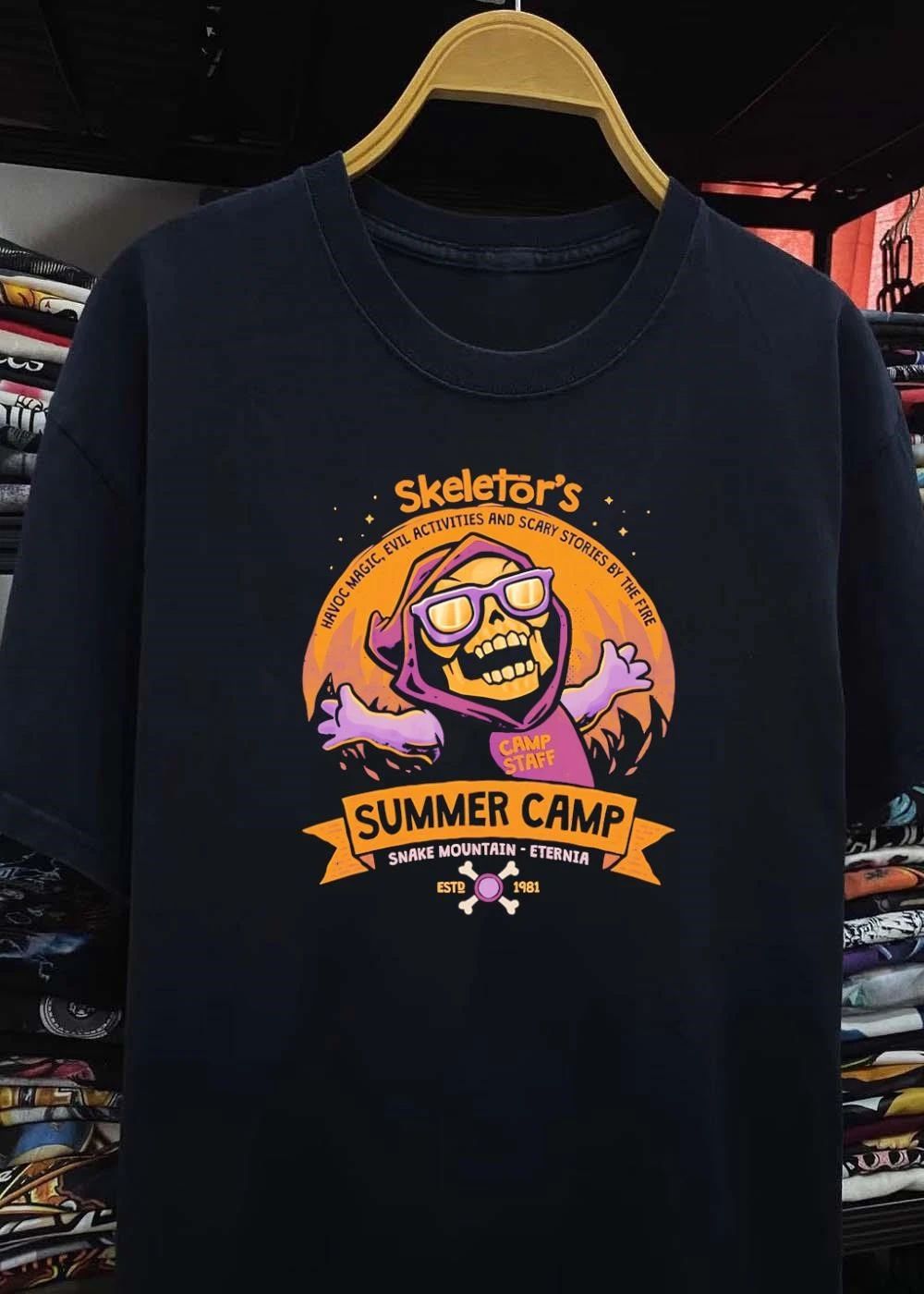 Skeletor’s Summer Camp Havoc Magic Evil Activities And Scary Stories By The Fire Camp Staff Snake Mountain Eternia Estd 1981 T-Shirt