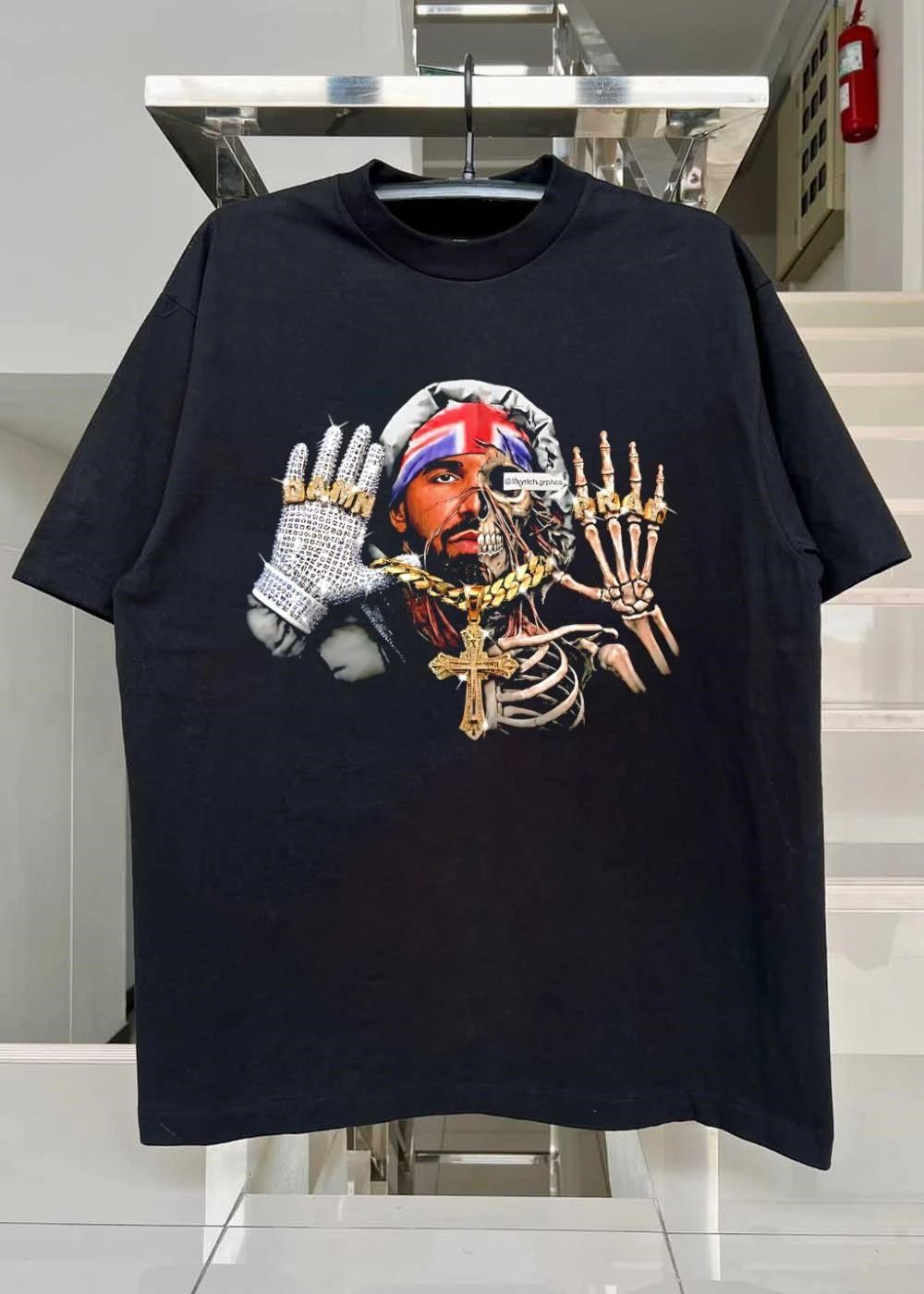 Damn Pray Drake Skeleton Half Face Diamond Glove Cross Necklace shirt