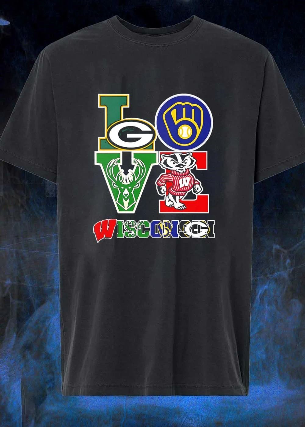 Love Wisconsin Green Bay Packers Brewers Bucks Badgers Logos T-Shirt