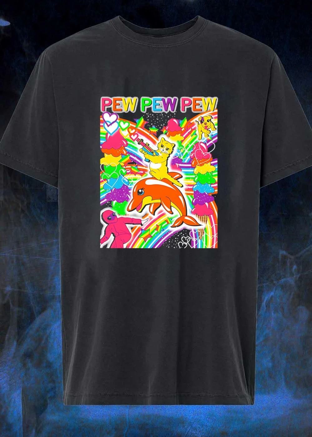 Pew Pew Pew Cute Cat Riding Orange Dolphin Rainbow shirt