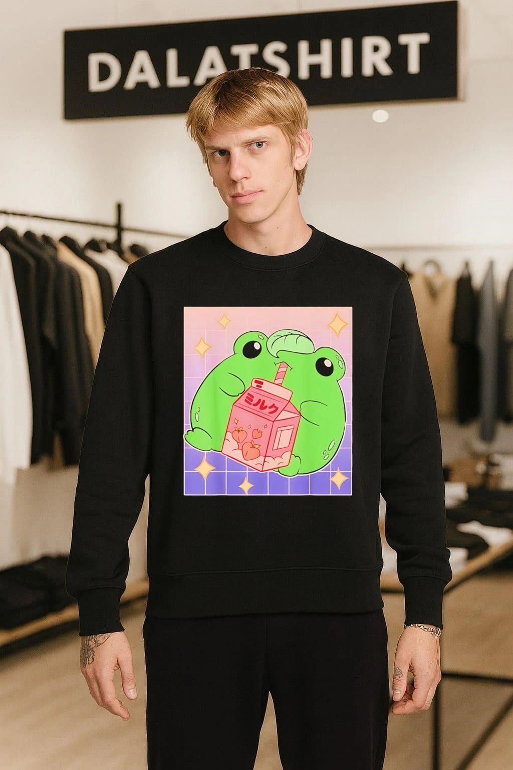 Frog Drinking Peach Milk Cartoon shirt