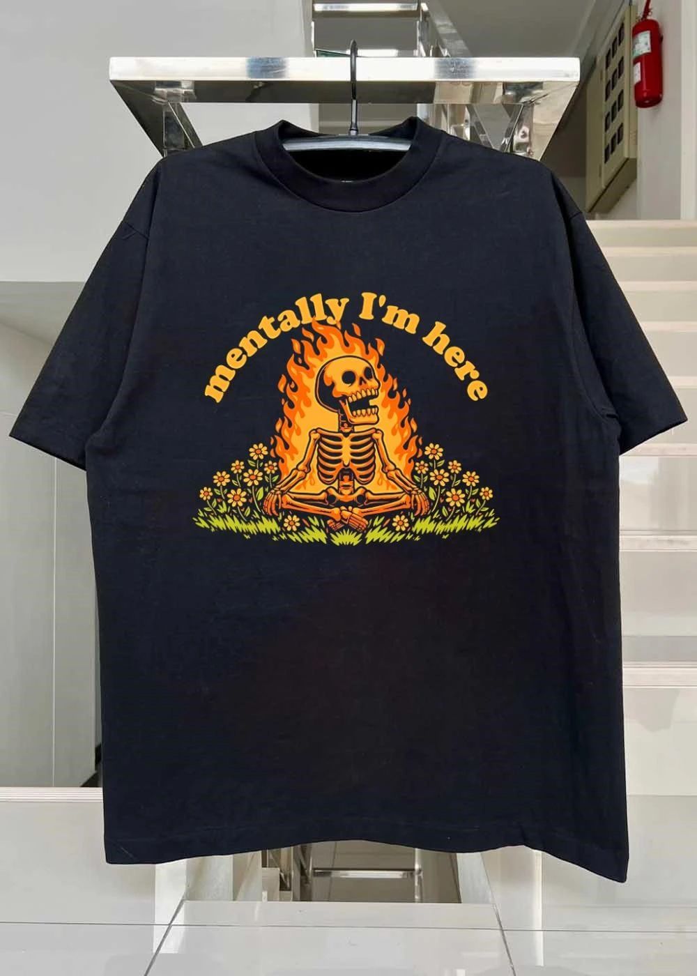 Mentally I Am Here Meditating Skeleton Campfire Flowers shirt