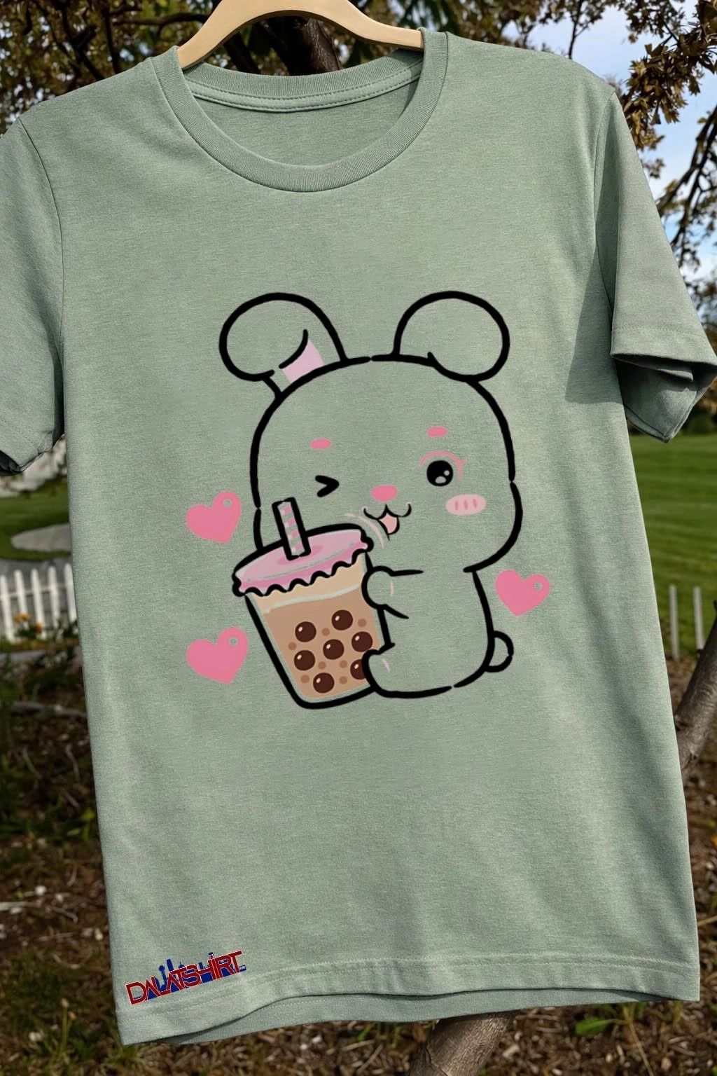 Winking Bunny Drinking Boba Tea Hearts shirt