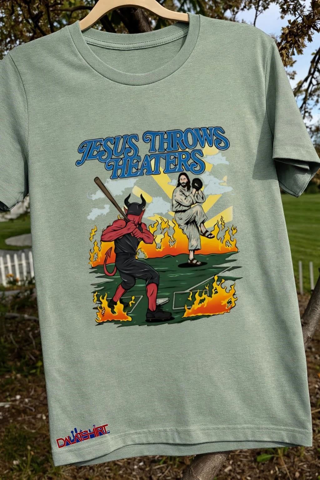 Jesus Throws Heaters Pitching Baseball Against Devil In Flames shirt