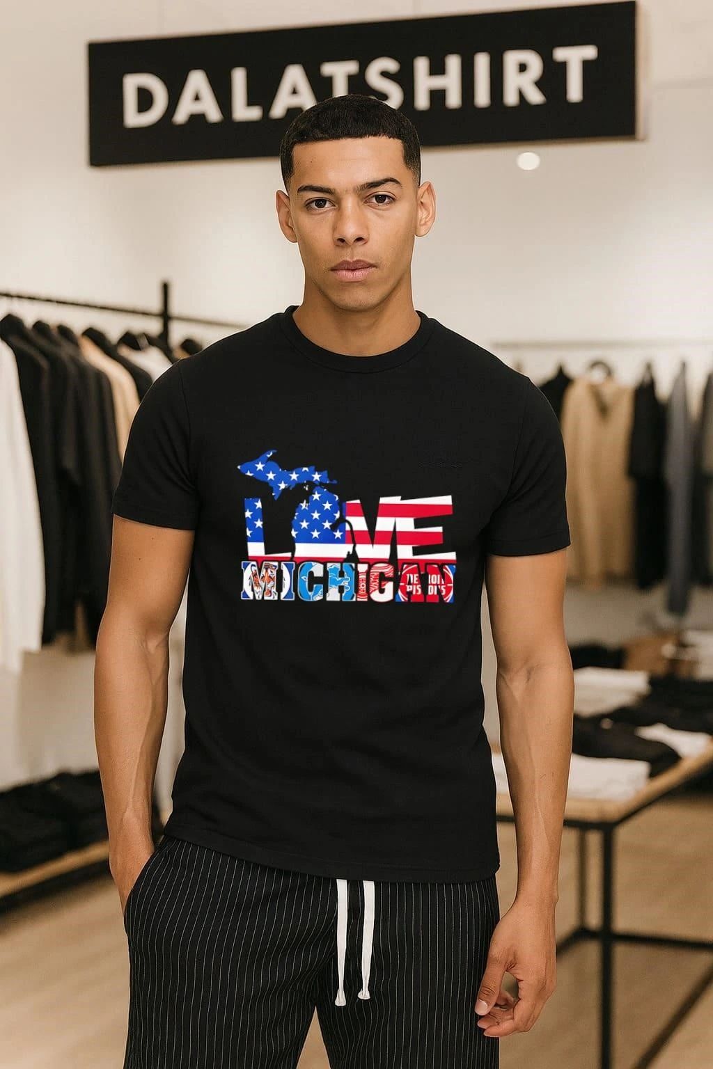Love Michigan Map USA Flag Detroit Tigers Lions Red Wings Pistons shirt