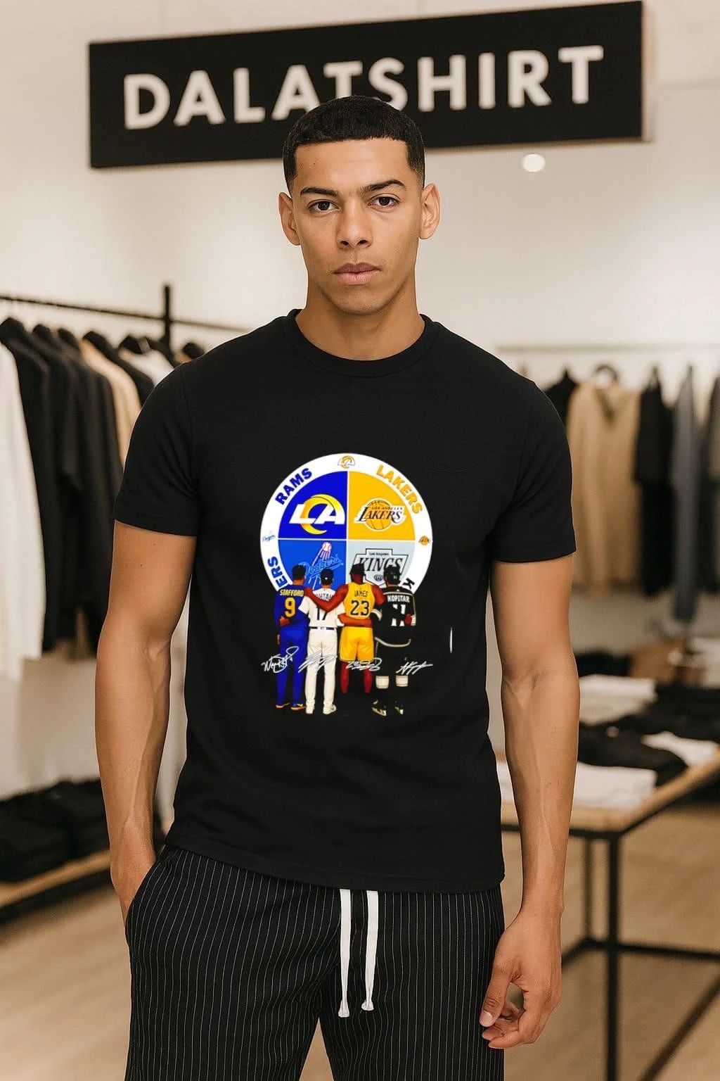 LA Rams Dodgers Lakers Kings logos and players shirt