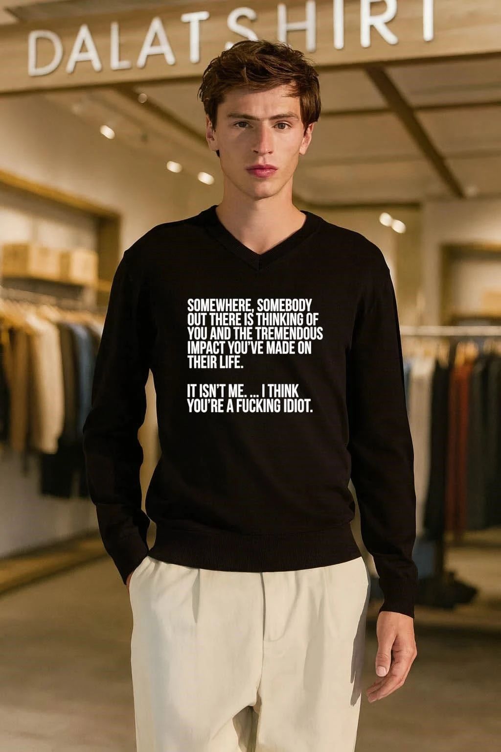 Somewhere somebody out there is thinking of you and the tremendous impact you’ve made on their life it isn’t me I think you’re a fucking idiot shirt